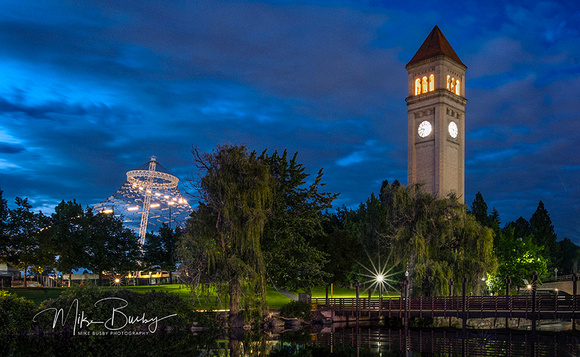 A photo of the clock tower and pavilion at night in downtown Spokane