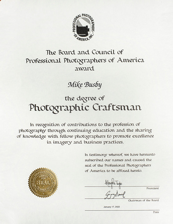 A view of the Master Craftsman Degree from PPA for Mike Busby Photography